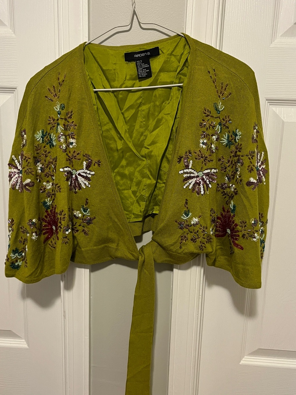 Arden B Olive Green Embellished Tie-Front Shrug